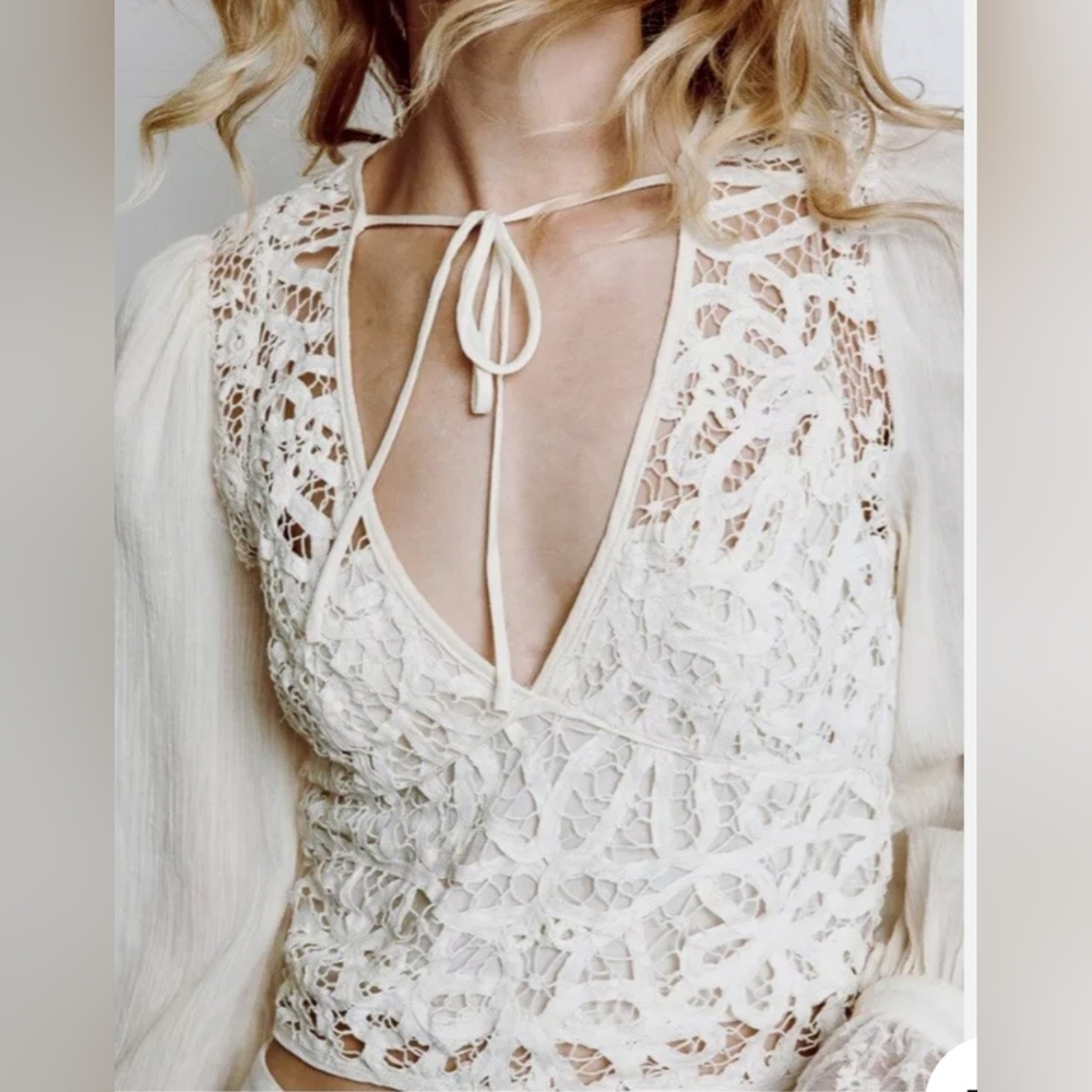 Free People SORELLE S Ivory Crochet Reversible Gauzy Cotton Boho Crop size Med